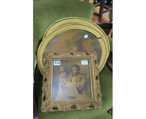 after ERSKINE NICOL,Male figures seated, a coloured print, 21cms x 21cms,together with a pair of plaster busts  
