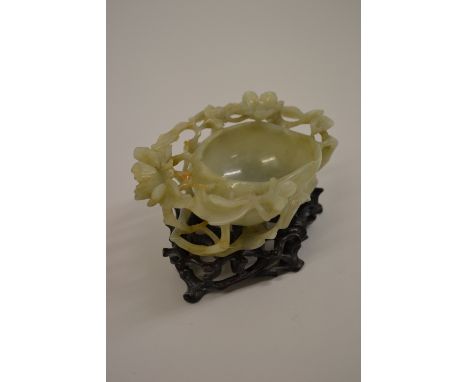 19th Century Chinese carved pale jade lotus bowl on a purpose made carved hardwood stand housed in a hardwood box