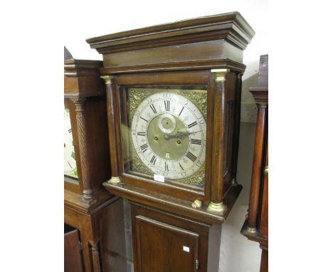 George III stained fruitwood longcase clock, the square hood with flanking pilasters above a rectangular panelled door with g