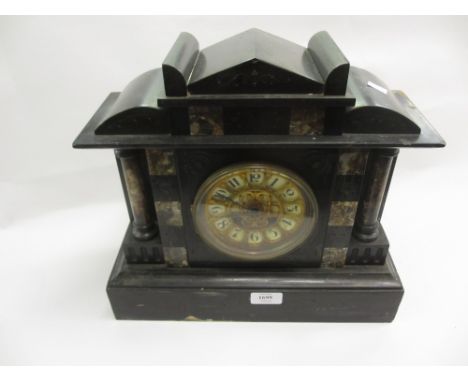19th Century black slate and marble mantel clock having gilt metal dial with Arabic numerals and two train movement striking 