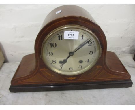 Edwardian mahogany and inlaid dome shaped mantel clock with two train movement and a French black slate and flecked marble si