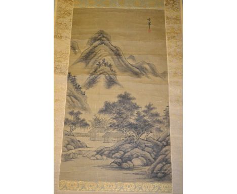 Late 19th or early 20th Century Chinese watercolour scroll painting on silk of a mountain landscape, housed in an original wo