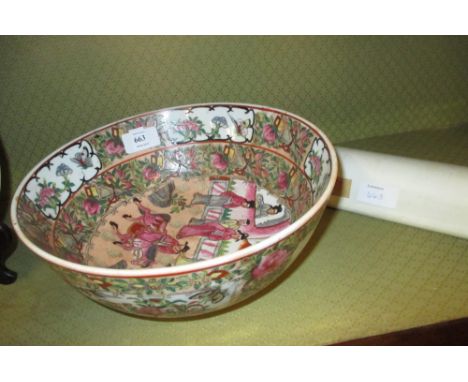 20th Century Canton enamel bowl decorated with figures in interiors (some restoration), having six character mark to base, 9i