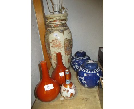 Satsuma baluster form vase adapted for use as a table lamp (a/f), a tall tapering Satsuma vase (a/f), pair of Chinese blue an