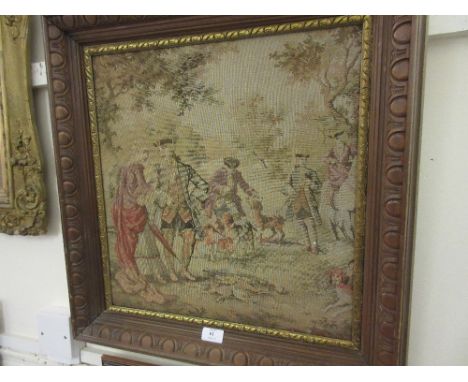 20th Century machine tapestry, hunting scene, housed in a moulded pine frame