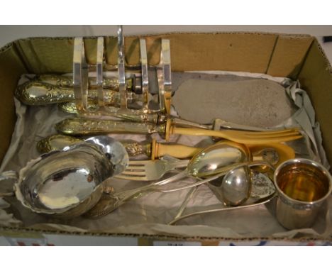 Box containing a quantity of mixed continental silver flatware including salad servers etc., Birmingham silver cream jug, She