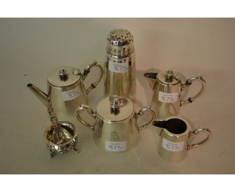 French circular silver salt, a Dutch silver caddy spoon together with a four piece plated bachelor tea service and a plated s