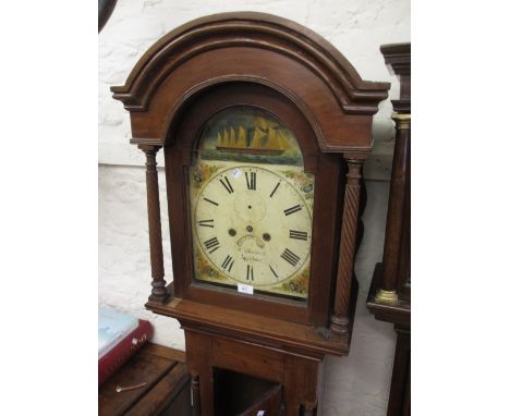 19th Century mahogany longcase clock, the broken arch hood with spiral pilasters above a rectangular panelled door flanked by