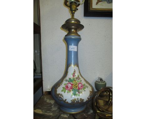 French porcelain floral and gilt decorated lamp base with gilt metal mounts (a/f), together with an etched glass lamp base wi