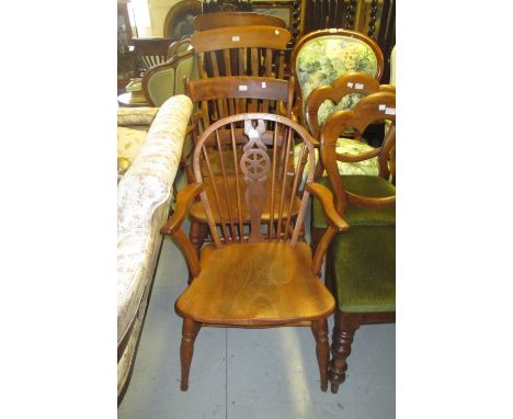 19th Century elm and beech open armchair on turned supports, similar wheel and stick back chair and another with bar back