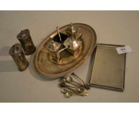 Pair of Chester silver ovoid peppers, silver cigarette case and a plated condiment set with oval tray and salt spoons
