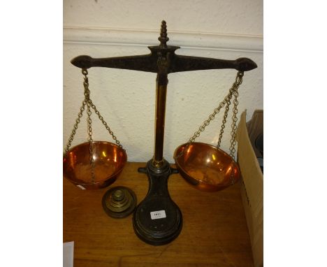 Pair of 19th Century cast iron brass and copper balance scales with weights