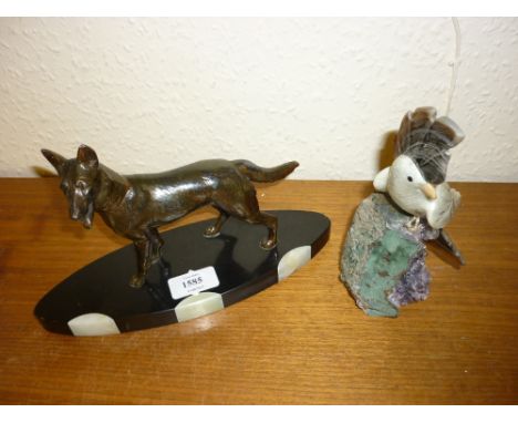 Art Deco patinated spelter figure of an alsatian on a black slate and onyx base together with a modern figure of a cockatoo