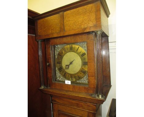 18th Century oak longcase clock, the square hood with brass dial, having Roman numerals and weight driven movement striking o