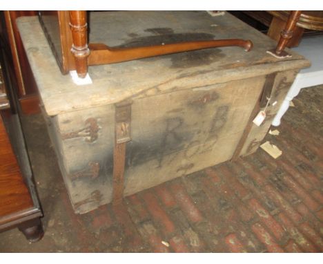 Early 18th Century oak iron bound trunk bearing initials R.B. and date 1702 in stud work (for restoration)
