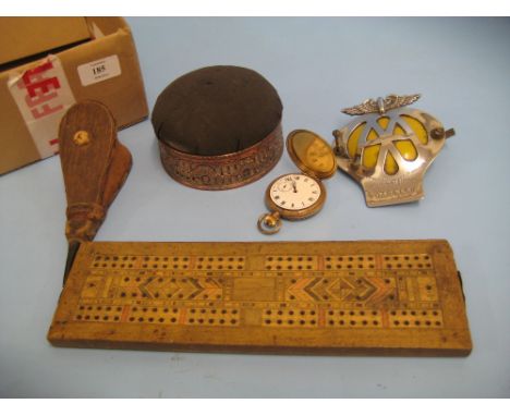 Inlaid cribbage board, pair of miniature bellows, AA car badge, a gold plated pocket watch and a W.M.F. pincushion