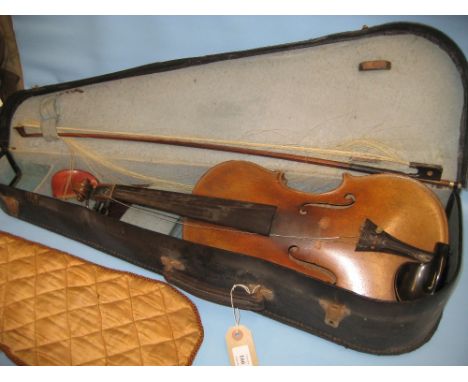 Violin with 14in two piece flamed figured back bearing label ' Stradivarius ' together with a bow in fitted case