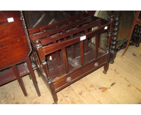 Reproduction mahogany three division Canterbury and a reproduction square coffee table on a turned column support with tripod