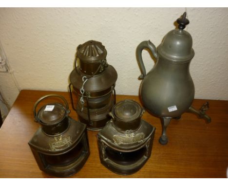 Copper ships lamp, pair of copper port and starboard lamps and a Continental pewter baluster form Samovar on stand