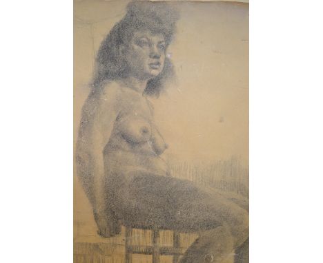French pencil sketch of a seated nude female, signed, Trimpout, Paris, unframed together with four various pictures