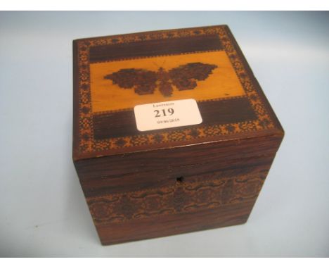 19th Century rosewood and Tunbridge ware single division tea caddy with mosaic butterfly inlaid cover