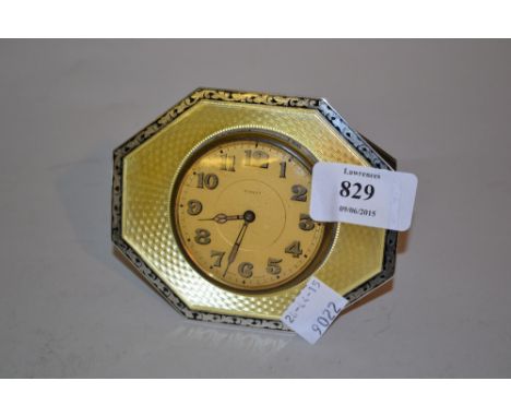 Early 20th Century silver and yellow enamel dressing table clock with Niello work border