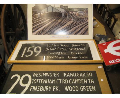 Two framed London Routemaster signs together with a London Transport enamel bus stop