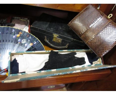 Ladies vintage leather handbag, together with a quantity of gloves, fans etc