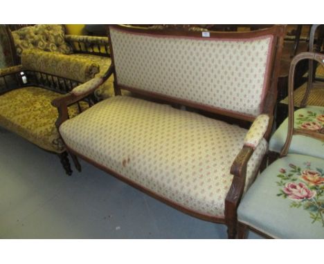 19th Century French beechwood and upholstered two seat sofa on turned fluted front supports