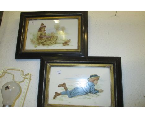 Pair of 19th Century oils on white ceramic tiles of a boy and girl, monogrammed verso V.C., 6ins x 10ins