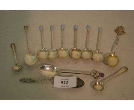 Set of six Art Deco silver and enamel coffee spoons, four other silver coffee spoons and two silver salt spoons