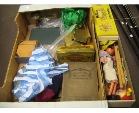 Boxed Pelham puppet, Tyrolean girl together with another Pelham puppet, three large bodkins, pair of postal scales and a quan