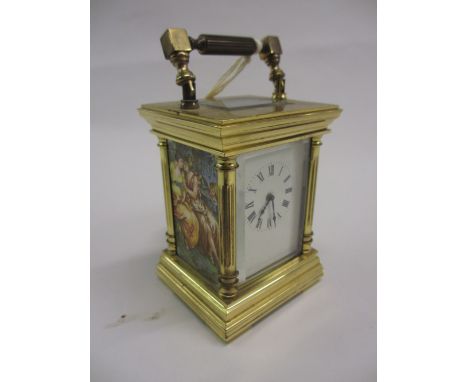 Small modern gilt brass cased carriage clock with enamel dial, Roman numerals, enamel decorated sides and single train moveme