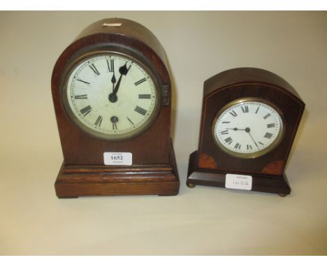 Edwardian oak dome shaped mantel clock with enamel dial, Roman numerals and single train movement together with a small Edwar