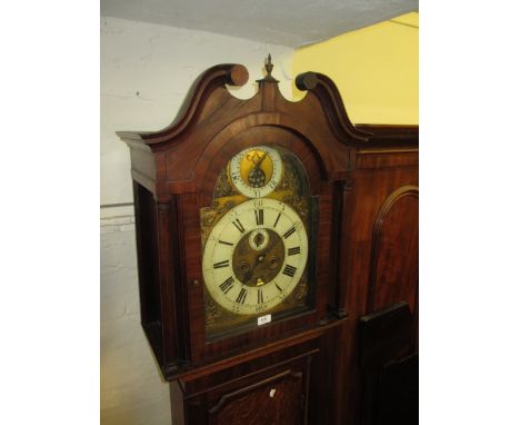 George III oak mahogany crossbanded longcase clock, the arched hood with swan neck pediment above a moulded door and bracket 