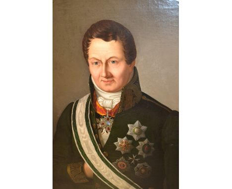 19th Century oil on canvas, half length portrait of a Naval officer wearing dress uniform and various orders, 39ins x 30ins, 