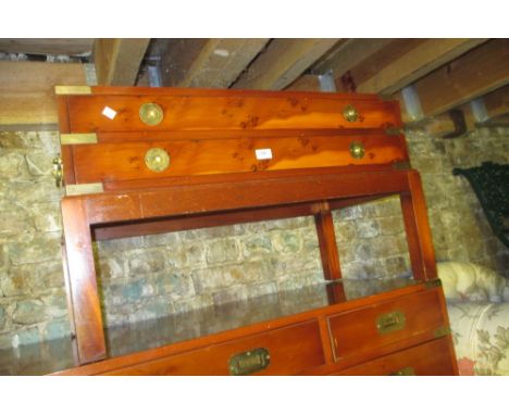 Reproduction yew wood military style two drawer side table and a similar lamp table