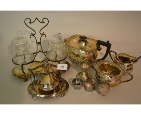 Silver plated three piece tea service, plated bell on stand, plated pickle stand and other small items of plate