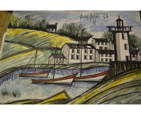 After Bernard Buffet, ink and watercolour, coastal inlet with lighthouse and boats, unframed, 17.5ins x 22ins