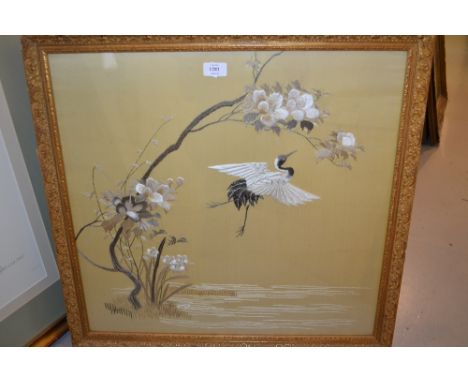 20th Century Japanese silk work of heron and foliage, gilt framed together with a coloured hunting print after Charles Simpso