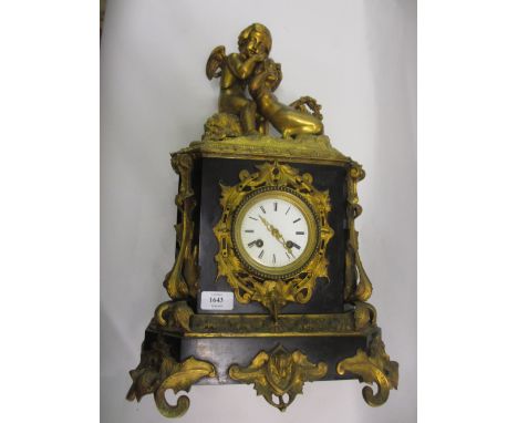 19th Century French ormolu and slate mantel clock mounted with a figure of a seated winged cherub with a young girl holding a