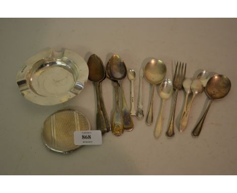 Silver compact and ashtray together with a small quantity of various silver flatware