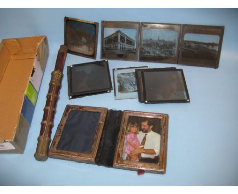 Small collection of magic lantern slides, a modern silver double photograph frame and an oriental knife in a bamboo scabbard
