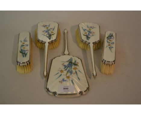 Mappin and Webb London silver enamel and floral decorated dressing table set