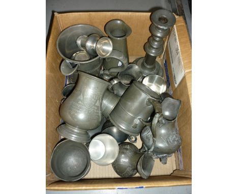 Miscellaneous items of antique and later pewter including a quart measure, candlestick etc