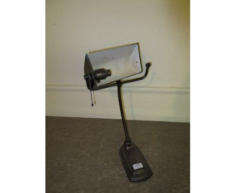 Art Deco oxidised metal desk lamp together with a brass barrel form lantern