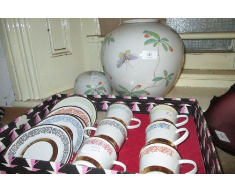 Large oriental ginger jar and cover decorated with butterflies, blue and white bowl, small red overlay cut glass vase and a b