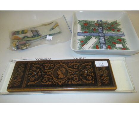 Fornasetti, ceramic pen tray with box lid, a square dish with Christmas decoration by the same maker and a Fornasetti silk ti