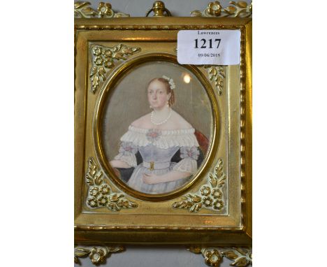 19th Century watercolour, portrait miniature of a lady inscribed ' Noriega, N49 ' in an embossed brass frame (a/f) together w