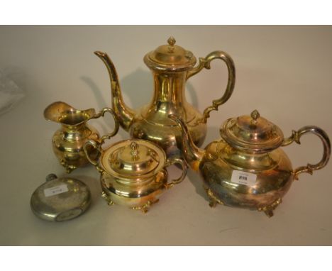 Silver plated four piece tea service and a pewter hip flask